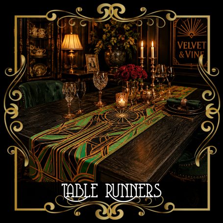 Table Cloth Runners Elegant dining table set with a colorful table runner, candles, and decorative glassware.