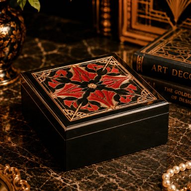Art Deco Keepsake Jewelry Nox Gatsby Style Decorative black box with ornate red and gold floral design on the lid.
