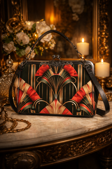 Art Deco Handbag Red Black Gatsby Purse Elegant handbag with geometric patterns in red, black, and gold, displayed with candles and flowers.