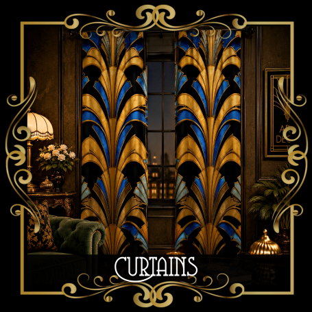 Curtains Drapery Decorative curtains with a bold blue, black, and gold design in an elegant room setting.