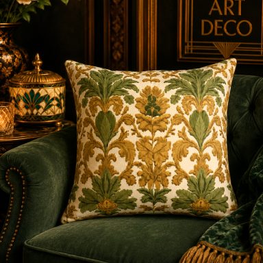Art Nouveau Suede Pillow Case Cover Sage Green Decorative pillow with a green and gold floral design on a textured background.