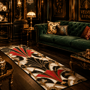 Art Deco Rug Runner Black Red White Area Decor Luxurious room with a green velvet sofa, ornate decor, and a stylish red and black rug.