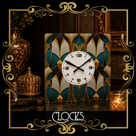 Art Deco Clocks Stylish wall clock with geometric patterns in teal and gold against a dark background.