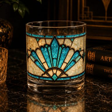Old Hollywood Whiskey Rocks Glass Art Deco A decorative glass with an Art Deco design featuring blue and cream colors.