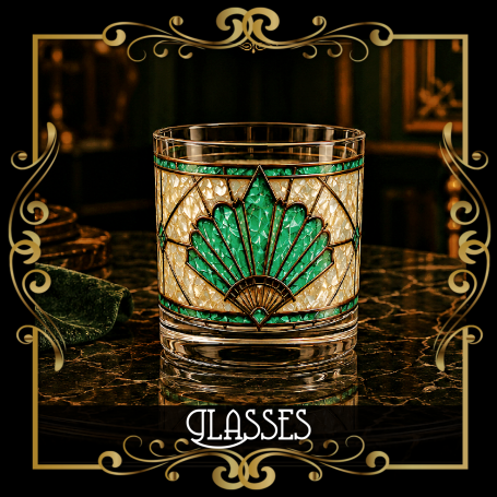 Art Deco Glasses Art deco style glass with green accents and intricate geometric patterns on a dark surface.