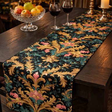 Table Runner Art Nouveau William Morris Style Elegant dining table with a decorative runner, wine glasses, and a fruit bowl.